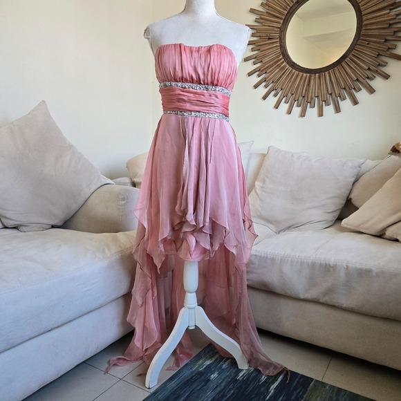 Windsor S Pink High Low Dress Strapless Rhinestone Smocked Party Cocktail Formal - Picture 1 of 11